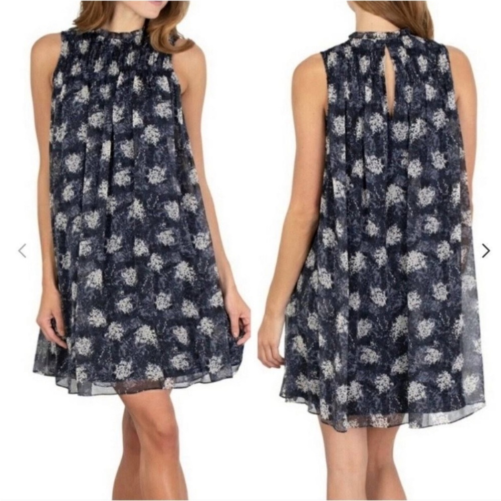 Joie Thelen Baltic Print Smocked Mini Dress Navy Blue Floral Sleeveless XL
